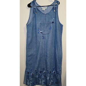Vintage Y2K Denim Jumper Dress Barn XL Embroidered Floral Pocket Overall Dress